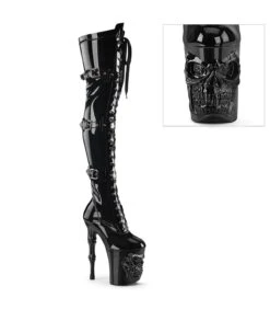 RAPTURE-3028 Overknee Stiefel - Schwarz Lack Mit Totenkopfplatetau | Pleaser