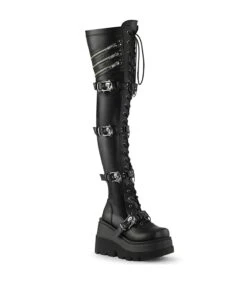 SHAKER-420 Plateau Overknee Stiefel Mit Totenkopf Schnallen - Schwarz Matt | DemoniaCult